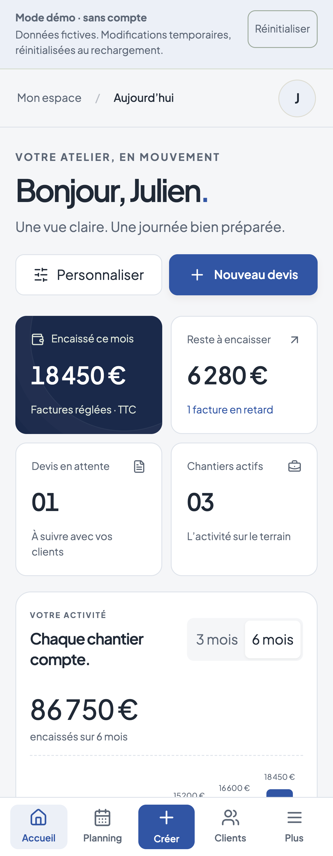 Interface ArtiMano — données de démonstration